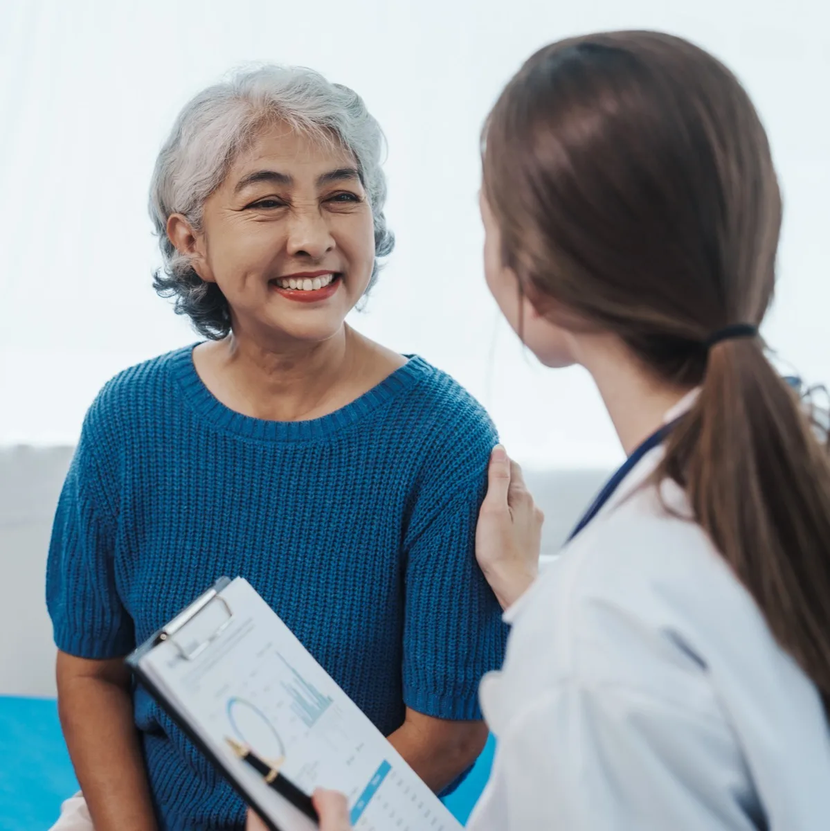 Female doctor examined patient health peace of mind. Basic procedure for general examination, Medical history taking, Physical examination, Blood test. stomach disease, hypertension, osteoporosis